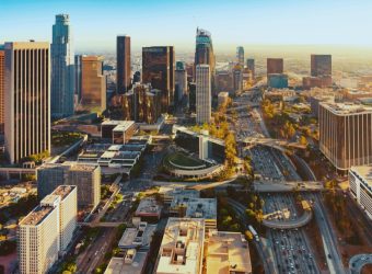 Aerial,View,Of,A,Downtown,Los,Angeles,At,Sunset