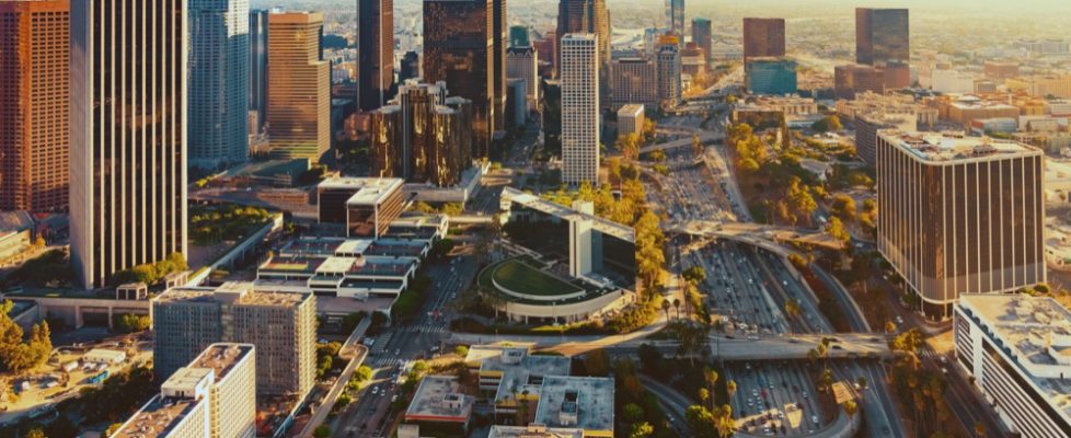 Aerial,View,Of,A,Downtown,Los,Angeles,At,Sunset